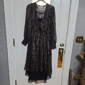 Allison New York Womens Dress Black Floral Gold Thread Floral SemiSheer Sz L EUC